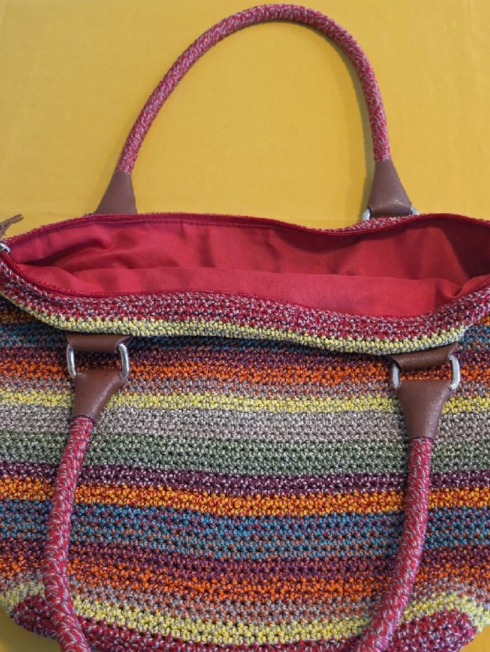 The Sak Cambria Large Rainbow Stripe Crochet Knit Tote Shoulder Bag